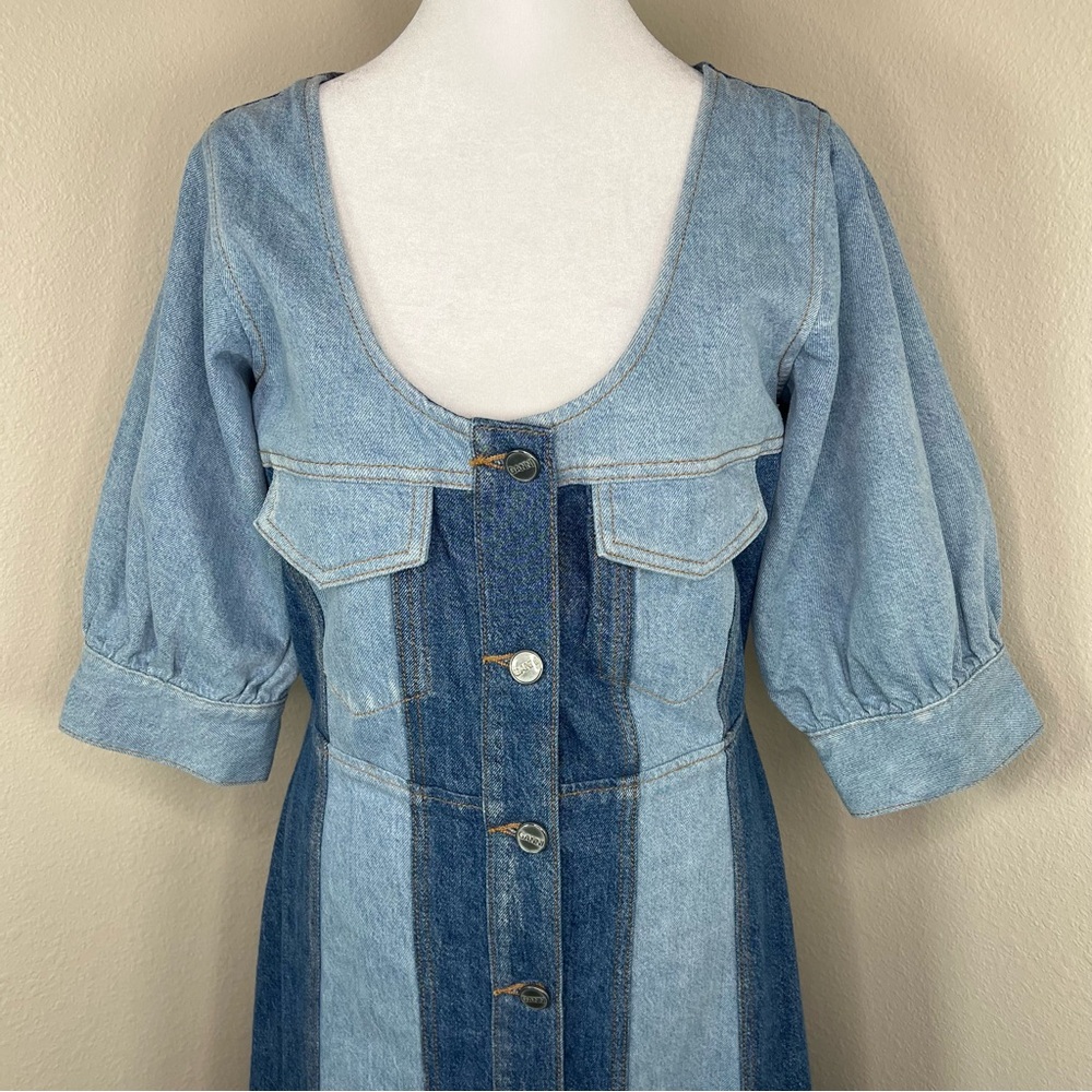 GANNI Cutline Bleach Two-Tone Blue Denim Organic Cotton Midi Dress EU 38 US6 - Picture 6 of 16